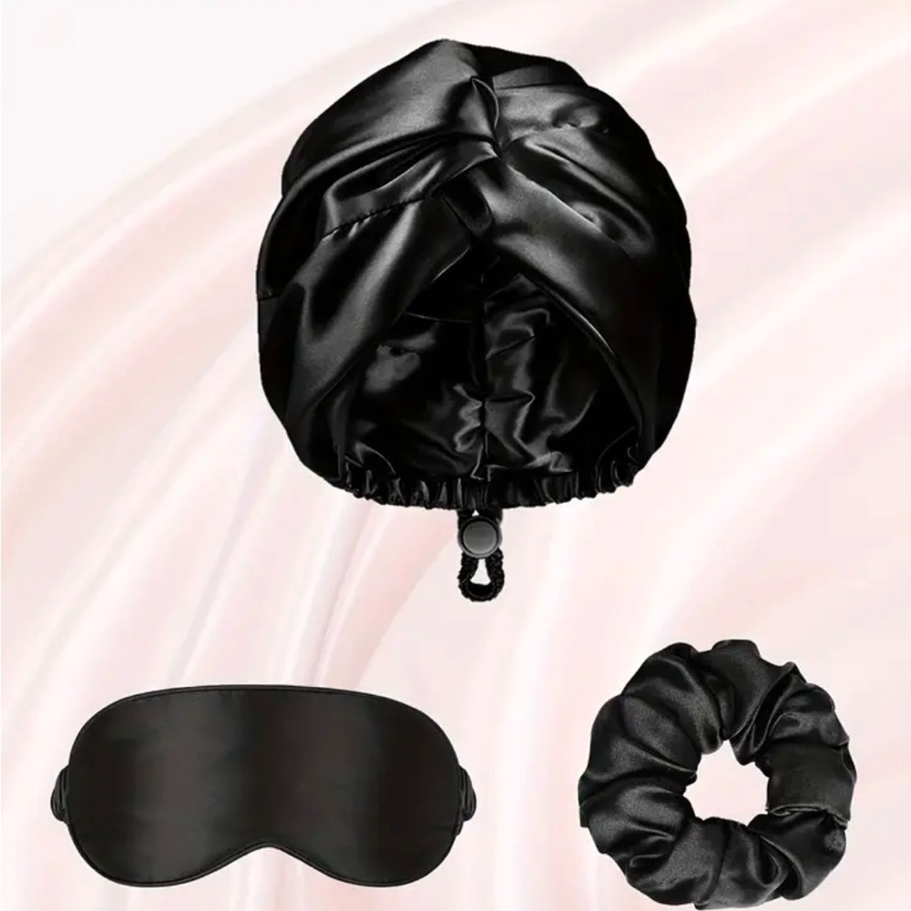 Elle 3pcs Black Satin Hair Care Sleep Set